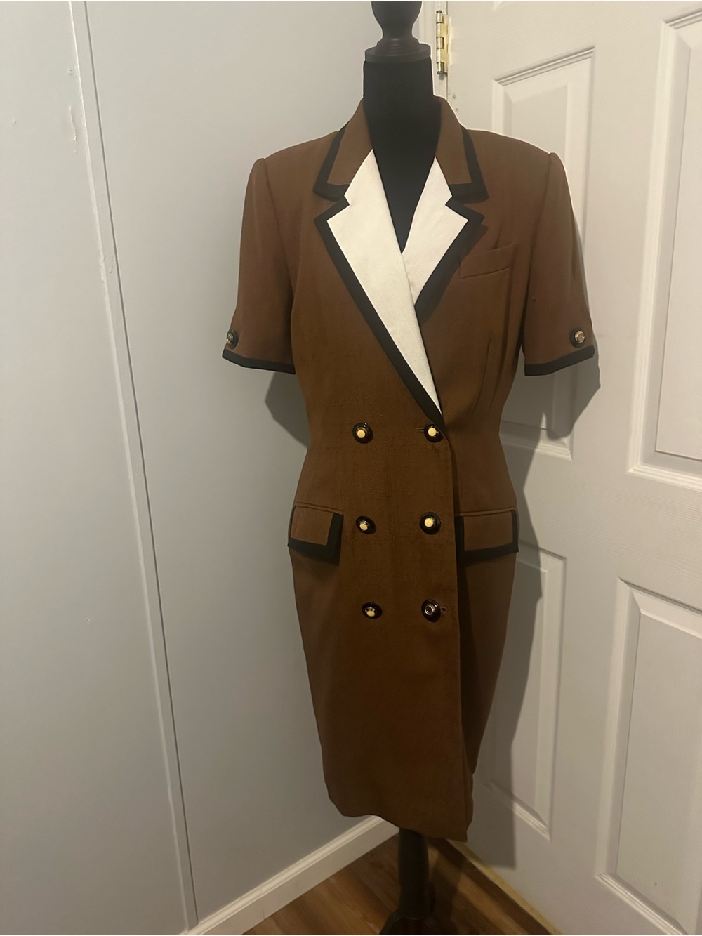 VTG 80s 90s Tuxedo Style Blazer Dress Espresso Brown Contrast Collar Midi